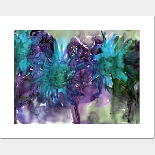 Abstract colorful background with watercolor wild flowers. Blue-violet-green painting with sunflowers. For the  fabric, textile, wall decor, wallpapers, covers and packaging. Posters and Art